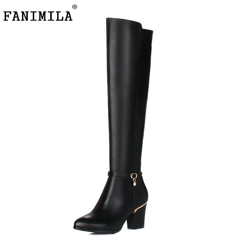 Women Genuine Real Leather Over The Knee Boots Winter Boots Sexy Square Heel Fashion Pointed Toe Women Boots Shoes Size 34-39 fashion slim rivets thick heel pointed toe zip winter snow boots genuine leather stretch fabric over the knee boots women boots