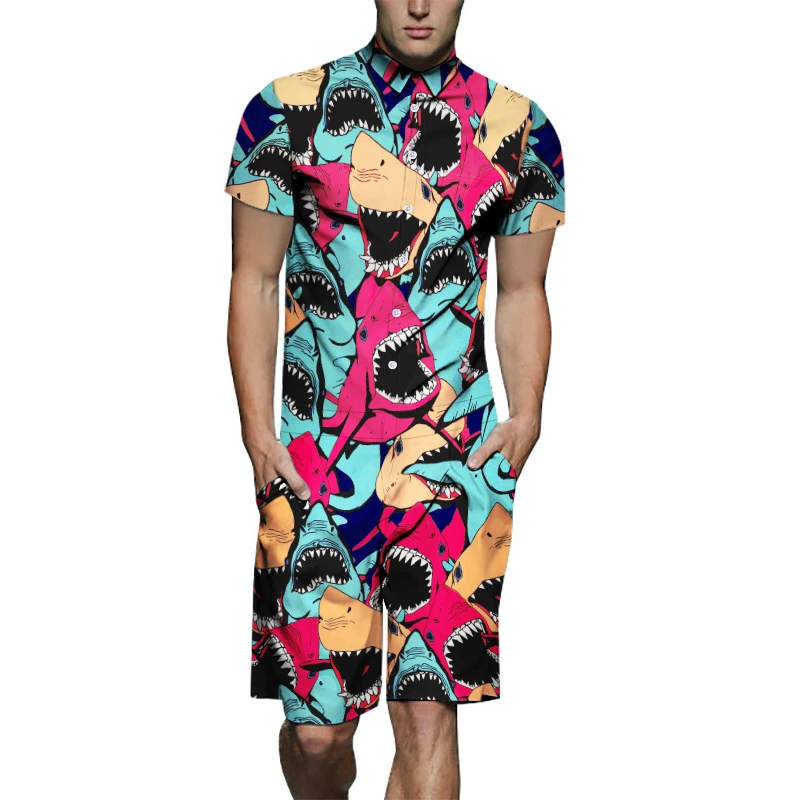 Summer Cargo Men Romper Male Shark Print 3d Rompers 19 Hawaiian Beach Party One Piece Jumpsuit Overalls With Pockets Ts 479 Men S Sets Aliexpress