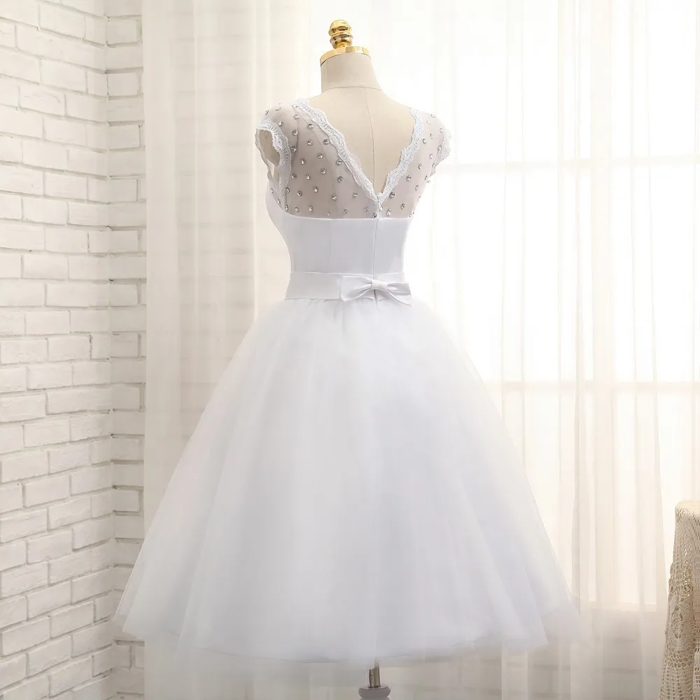 Vestido De Noiva 2019 Короткие свадебные платья трапециевидной формы чай Длина Тюль Кристаллы Лук спинки Винтаж свадебное платье свадебные платья