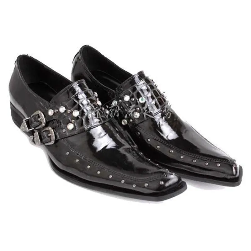 Patent Leather Choudory Men Shoes Rivets Moccasins Men Loafers chaussure homme buckle Casual dress Shoes Square Toe SIZE 12