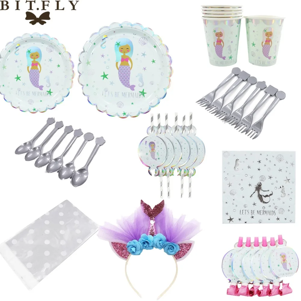 

BIT.FLY Mermaid Theme Party Decoration Mermaid Hairband Paper Cup Kid Happy Children's Favorite Birthday Baby Party Supplies