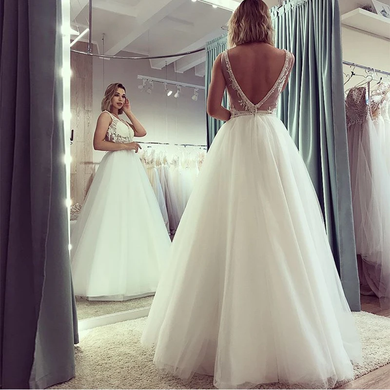 

Sexy A-line Wedding Dresses V-neck Illusion Bodice White Ivory Simple Full Length Bridal Dress Backless Long Robe De Mariee 2019