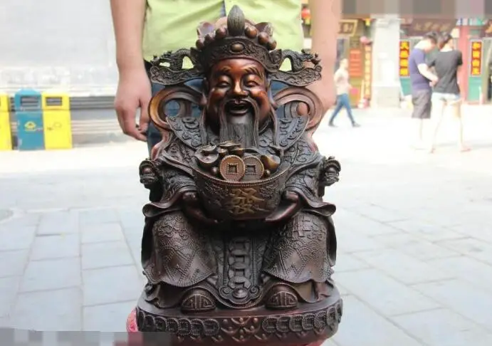 

S6939 18 Chinese bronze Copper Home Buddha God of Wealth Mammon & Treasure Bowl Statue D0318