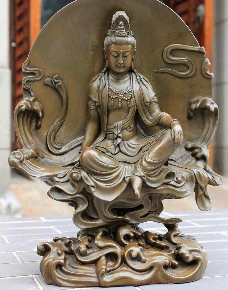 

12" China Bronze Moon Guanyin Buddha Sitting Statue