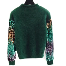 Женские осенние зимние теплые вязаные свитера и пуловеры с пайетками для женщин, зеленая трикотажная верхняя одежда, топы, новинка