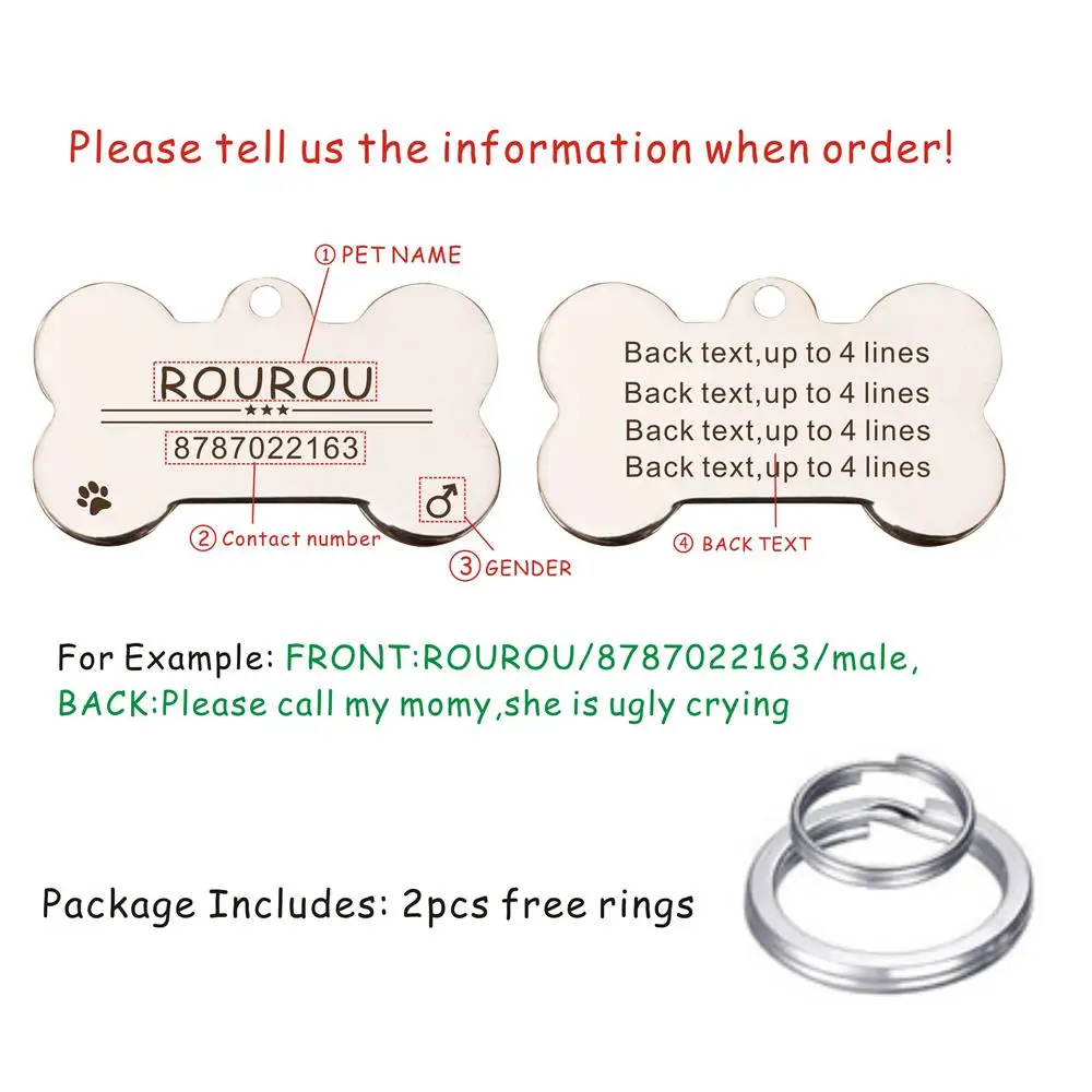 Pet ID Tags Dog Collar Tags Pet ID Medal Pendant Pet ID Tag Stainless Steel Dog Cat Name Tags Collar Accessories Pendant Customized