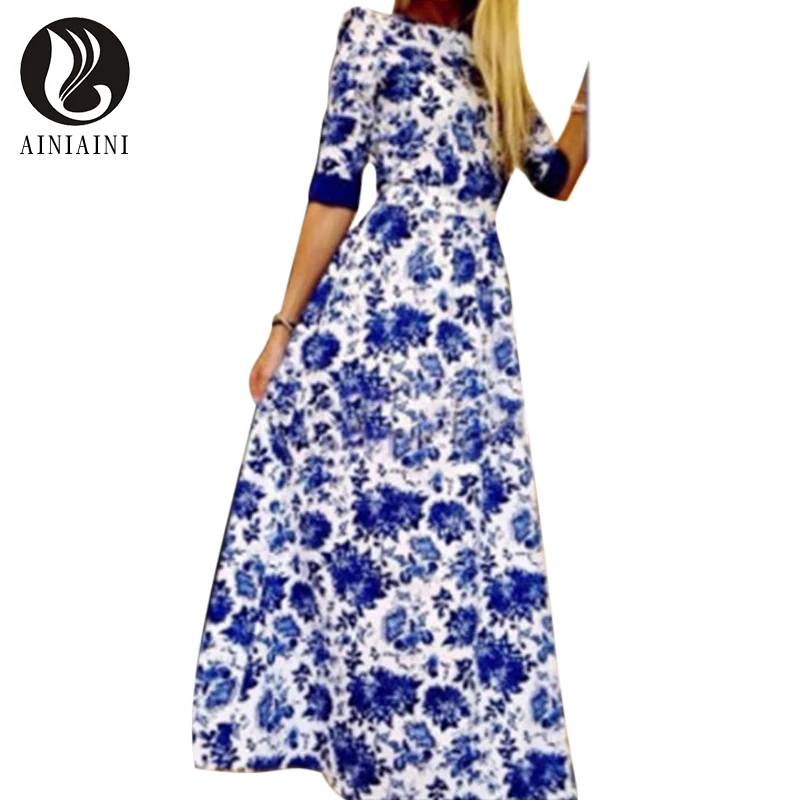 

Hot Sale Print Fashion Round Neck Half Sleeve Temperament Dress Women Dress Blue And White Porcelain Printing Vestido Longo HA9