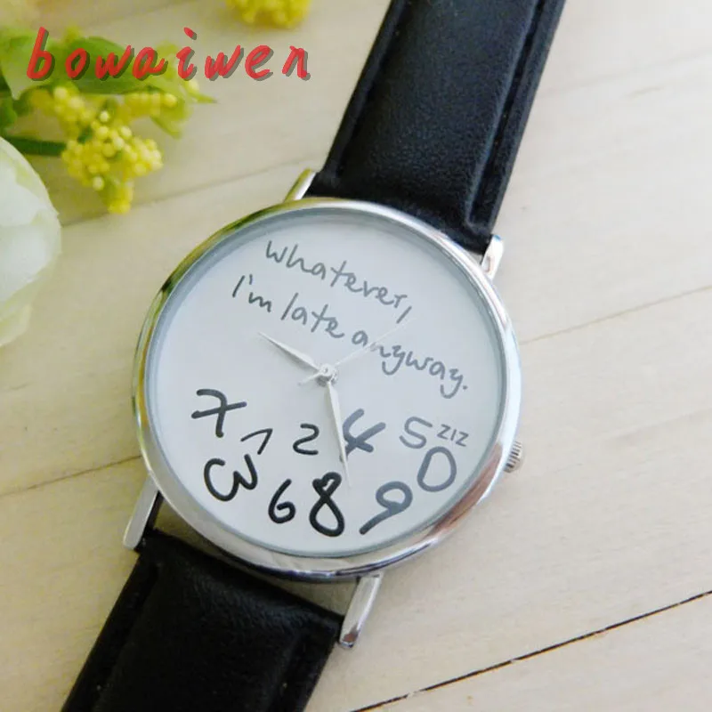bowaiwen Letter Pattern Leather Men watch Women Watches Fresh New Style Whatever I am Late Anyway  Lady Wristwatch