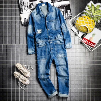 

2019 new European and American hip hop men's casual tooling denim jumpsuit streets tide men's loose fashion jumpsuits