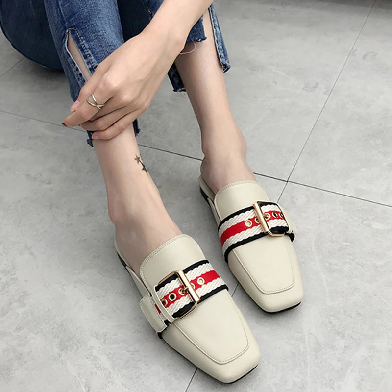 

Woman low heels Mules band buckle Slippers fashion closed toe Slides Slip on Shoes luxury sandalias mujer Comfortable loafers