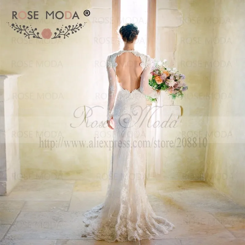 Роза мода с длинным рукавом Кружева оболочка свадебное платье с открытой спиной свадебное платье в стиле бохо на заказ
