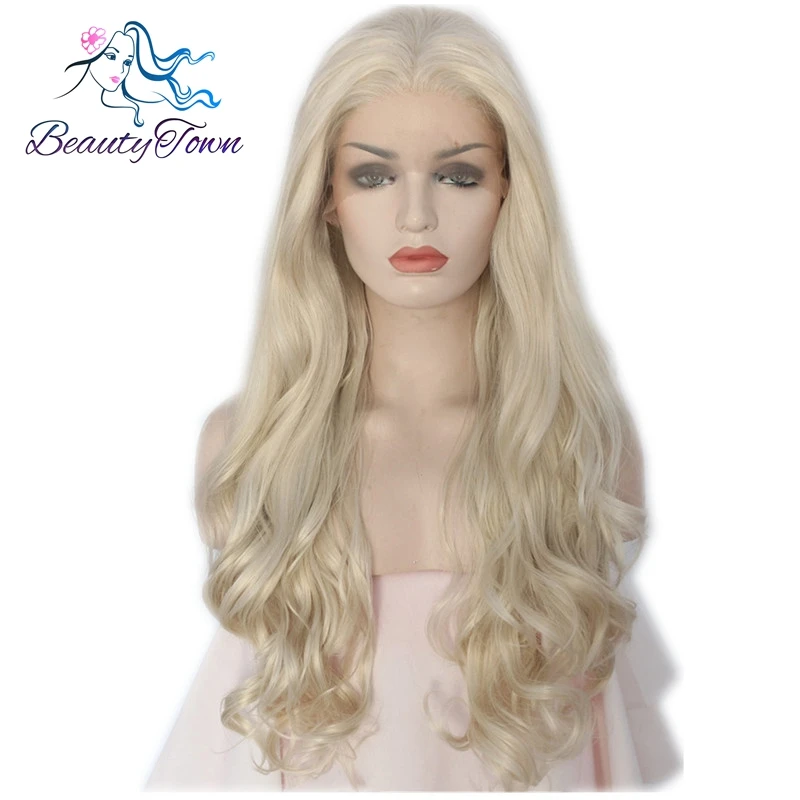 

BeautyTown Platinum Color Body Wave Style Handmade Women Glueless Heat Resistant Hair Daily Makeup Synthetic Lace Front Wig