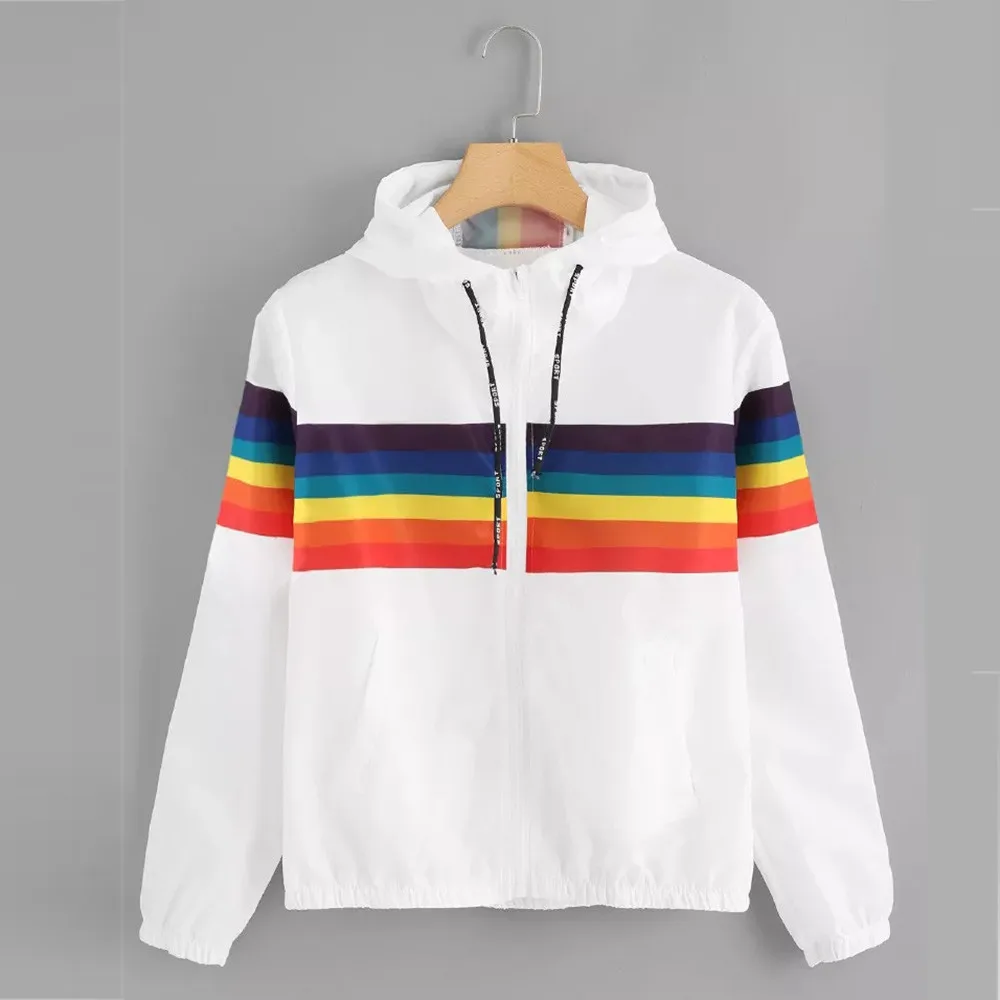 

2019 Autumn Womens Jackets / Coats Long Sleeve Rainbow Patchwork O Neck Sweatshirt Hooded Fashion Feminine Coat Abrigos Mujer