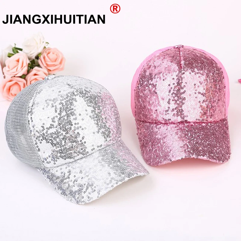 Новинка, летняя черная бейсболка с блестками, s для женщин, сетчатая шапка, сетчатая Кепка, Casquette, блестящая Кепка для отдыха, Кепка От Солнца, регулируемая для взрослых