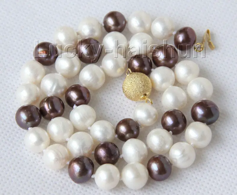 

Free Shipping >>Genuine 17" 10mm black-brown white freshwater pearls necklace