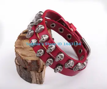 

BL42 Red Metal Skull Studded Surfer Mens Unisex Leather Bracelet Bangle Cuff New
