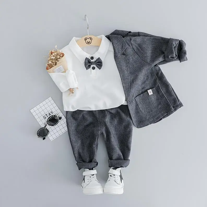 HYLKIDHUOSE/Коллекция года, комплекты одежды для маленьких мальчиков, детские костюмы для мальчиков пальто в джентльменском стиле для младенцев Футболка, штаны Детский костюм в клетку - Цвет: Темно-серый
