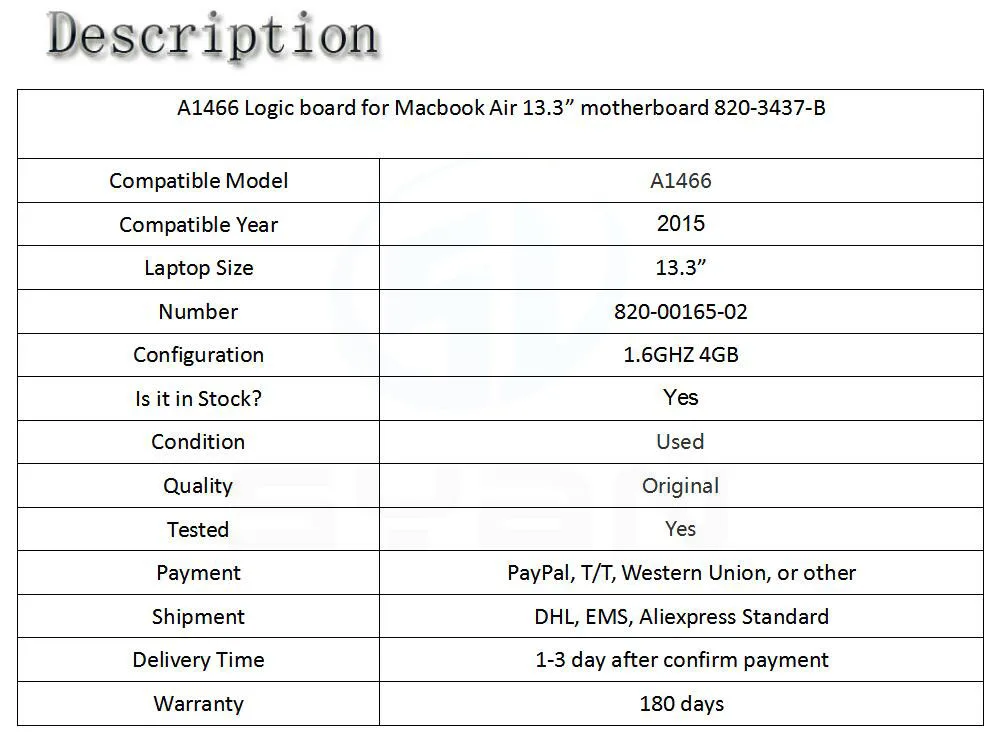 A1466 материнская плата для ноутбука Macbook Air 13," 1,6 ГГц 4 Гб материнскую плату 820-00165-02