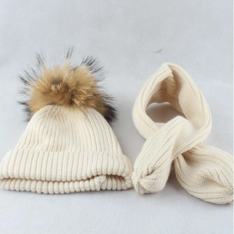 Детский зимний шарф, шапка, комплект из натурального меха енота, вязаные шапки с помпоном и шарфы для девочек, зимняя шапка с кроличьим мехом, комплект с шарфом