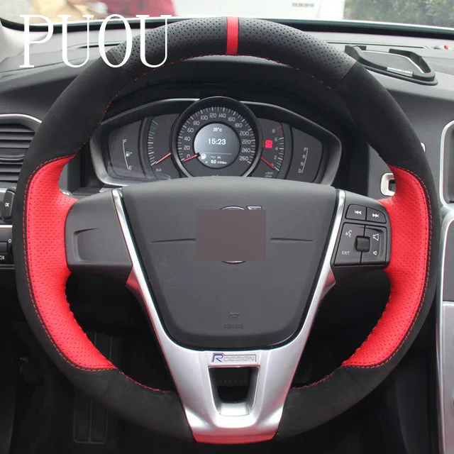 Puou красные, черные кожаные черная замша DIY Ручная прошивка автомобиля рулевое колесо Крышка для Volvo S60 V40 V60 V70 XC60