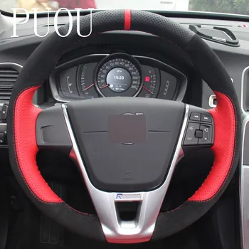 

Puou Red Black Leather Black Suede DIY Hand-stitched Car Steering Wheel Cover for Volvo S60 V40 V60 V70 2014 XC60 Free shipping
