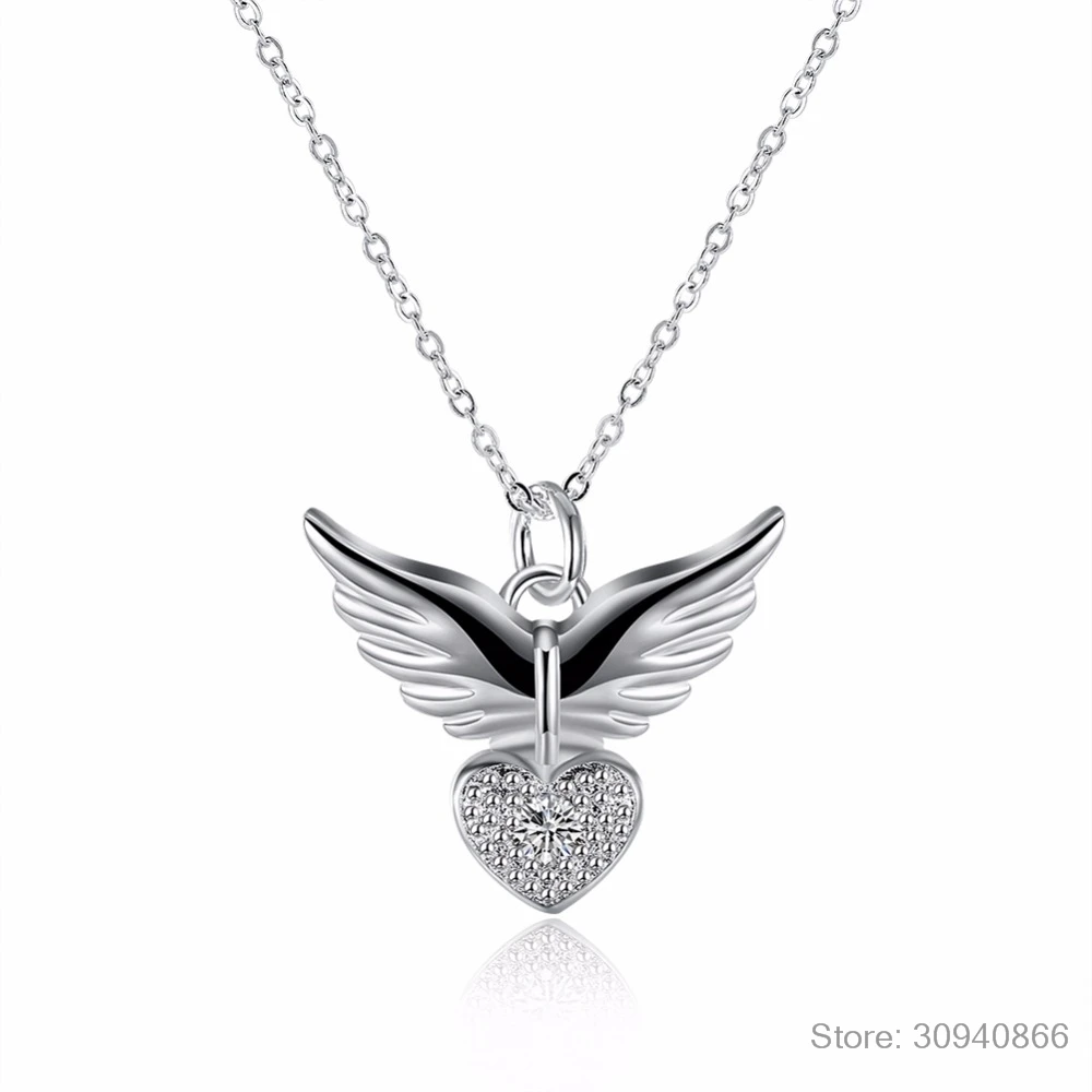 LEKANI New Arrival Fashion Angel Wings Love Heart Shape 925 Sterling Silver Pendant Necklace Fine Jewelry Gift For Women