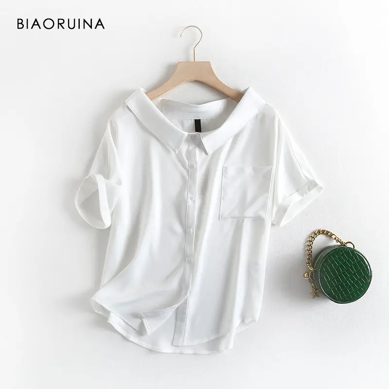 BIAORUINA Женская Повседневная Однотонная рубашка с коротким рукавом женское элегантное шифоновое в Корейском стиле топы летние модные свободные рубашки - Цвет: Белый