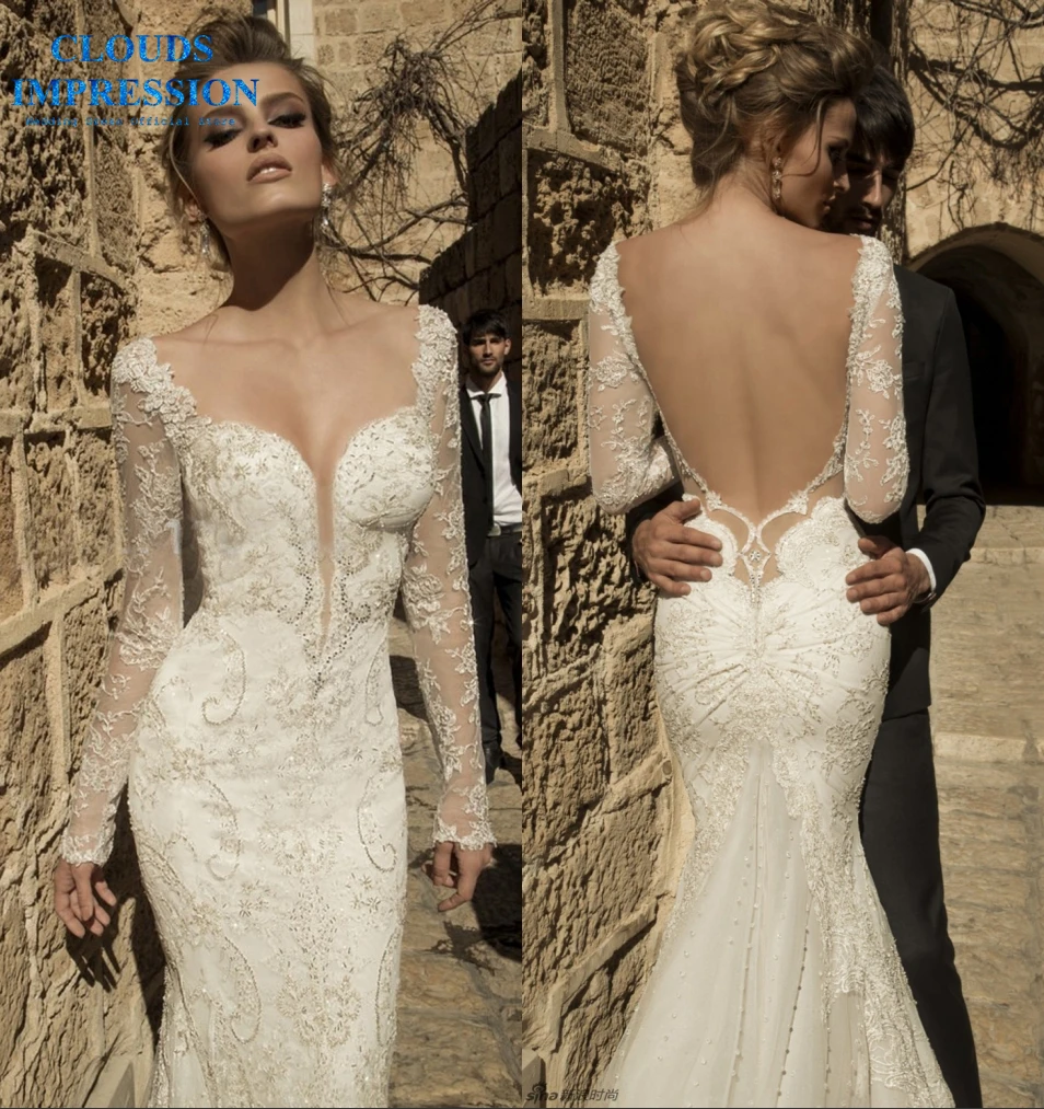 

CLOUDS IMPRESSION Sexy Backless Chapel Train V neck Mermaid Wedding Dress 2019 Lace Pearl Beading Vestige De Noiva Bride Dress