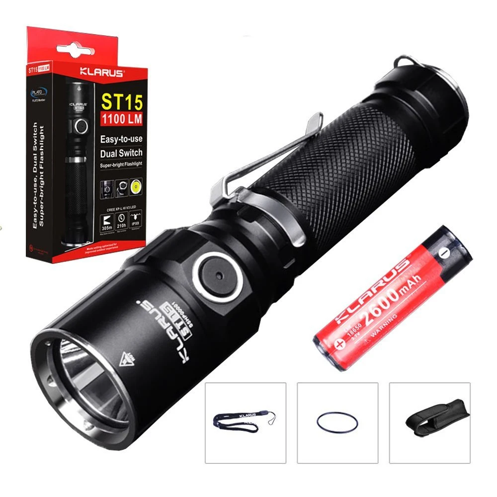 

LED Flashlight KLARUS ST15 CREE XP-L HI V3 LED MAX. 1100LM Beam distance 305meters 6 working modes outdoor torch tactical light