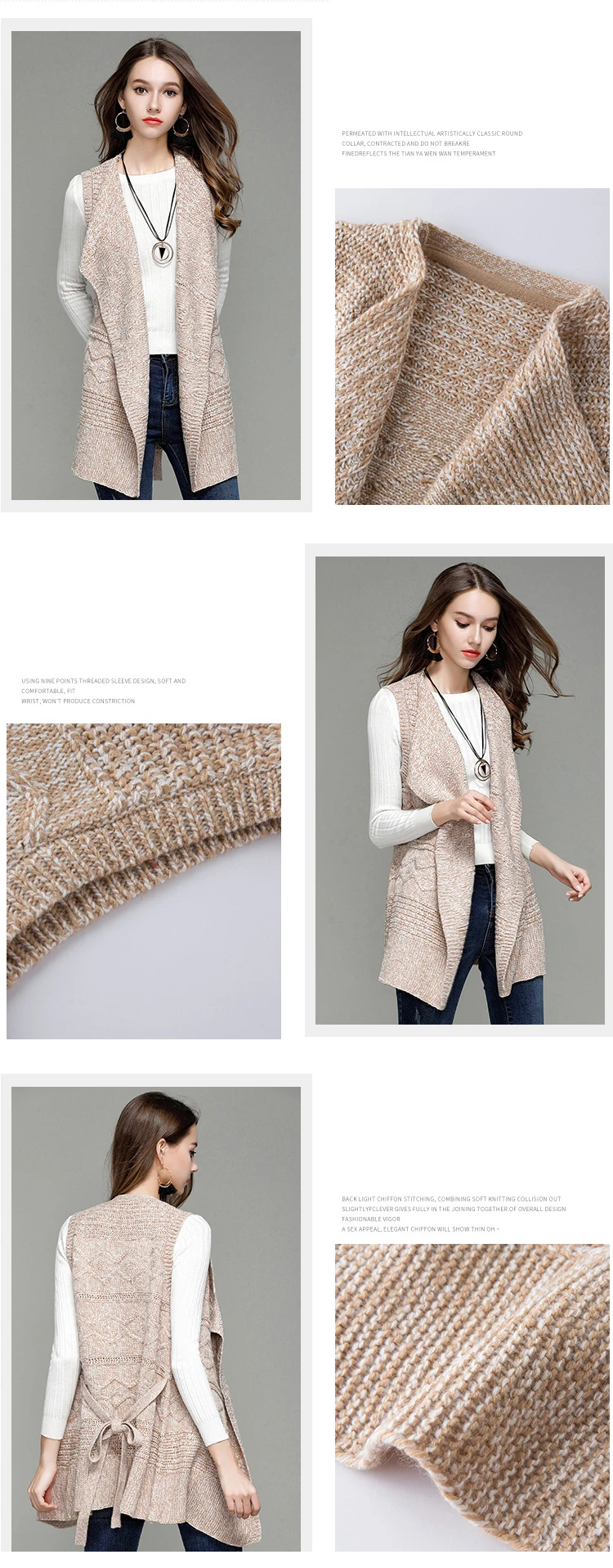 Fashion new European and American women's long paragraph lapel knit cardigan sleeveless vest sweater coat female (1)