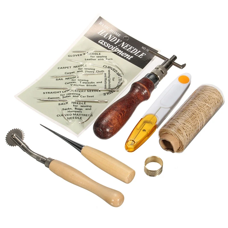 

KiWarm 7pcs/set Leather Carft Hand Stitching Sewing Tool Kit Thread Awl Waxed Thimble Scissors Thimble Kits DIY Handmade Tool