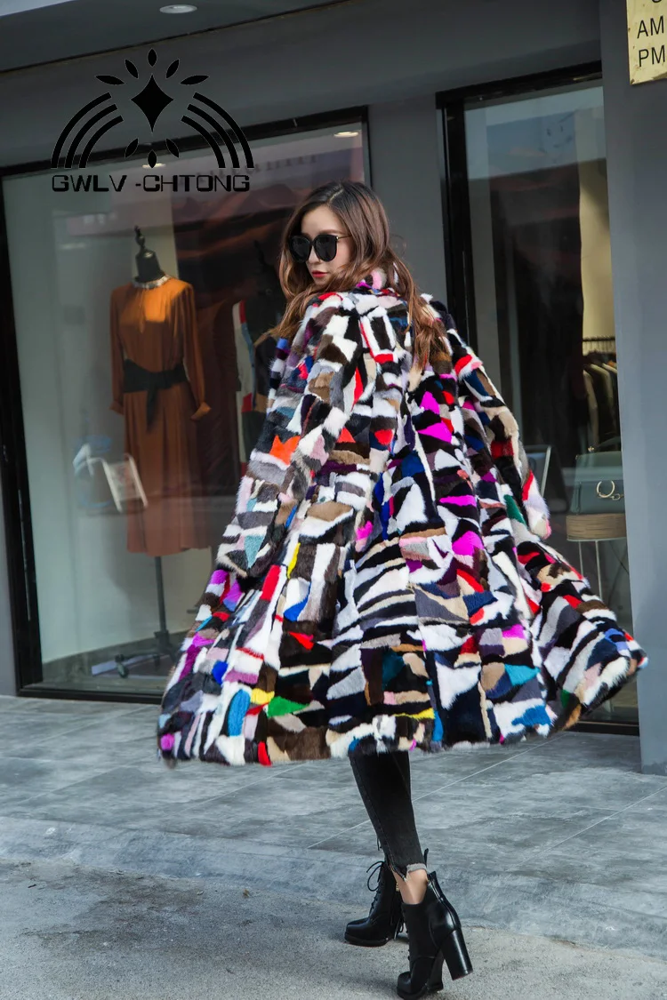 

New genuine real natural mink fur coat women x-long multi-color jacket ladies colorful 110CM long outwear overcoat for girl