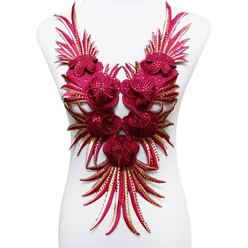 

2piece Beaded Fuschia Rhinestones Fringe Collar Embroidery Patch Motif Applique Iron On Sticker Sewing for Dance Costumes T1800