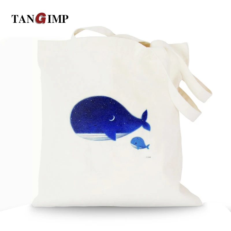 TANGIMP Canvas Handbags Cotton Tote Cartoon Dolphin Whale Eco Shopping Beach Bags bolsa compra Women Girl Shoulder |