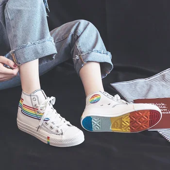 Zapatos de arco iris con cordones altos para Mujer, Zapatillas blancas coloridas, novedad de verano, Zapatillas informales de estudiante, lonas, 2019