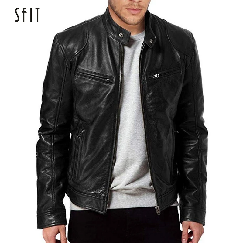 

SFIT 2019 Fashion Autumn Male Leather Jacket Plus Size 3XL Black Brown Mens Stand Collar Coats Leather Biker Jackets Hot Sale