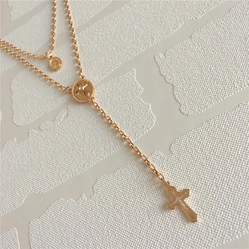 

Trendy gold color plating Cross pendant Y neck long necklace for Girl