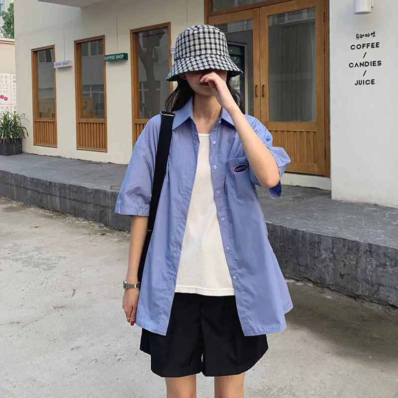 

2019 summer korean style turn down collar print tops womens short sleeve shirts womens blouses (F3735)