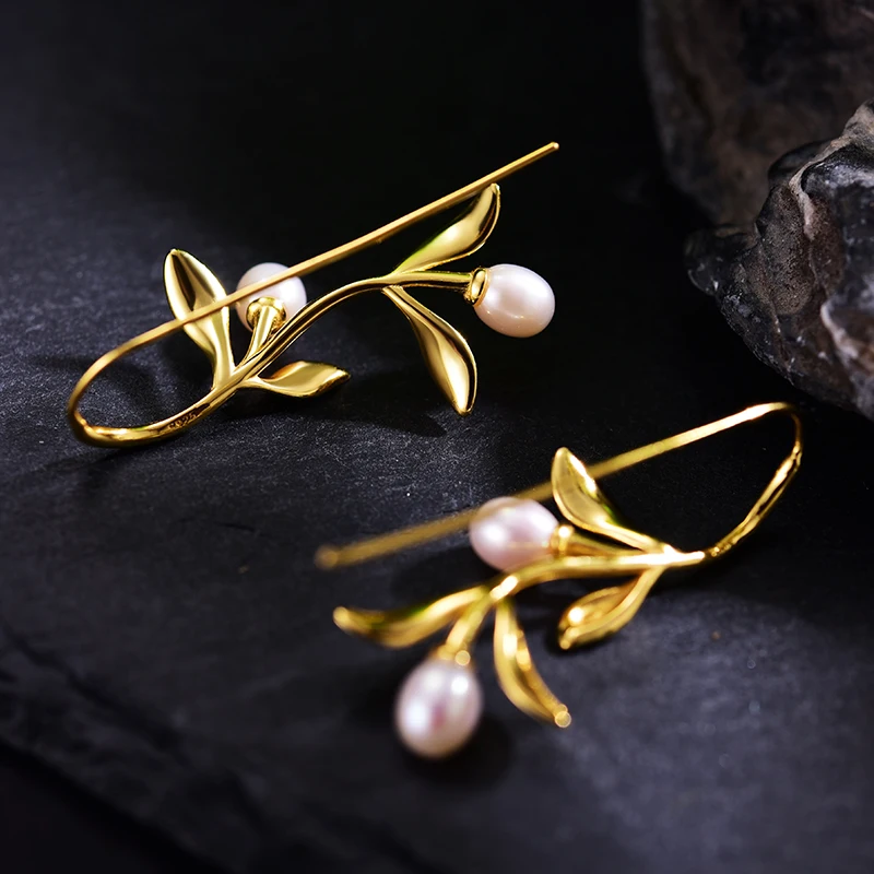 Lotus Fun Real 925 Sterling Silver Earrings Pearl Pink Freshwater Pearls Leaf Drop Earring Wedding Earings Fashion Jewelry 2018