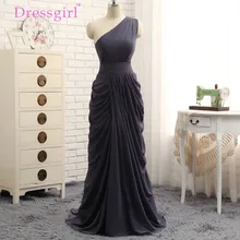 Dressgirl 2017 Cheap Bridesmaid Dresses Under 50 A-line One-shoulder Gray Chiffon Pleated Long Wedding Party Dresses