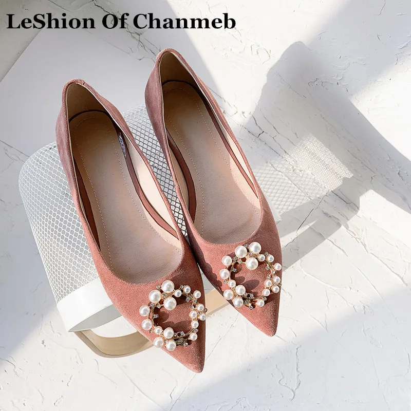 

2019 sheep suede pink ballet flats women's bigger size 43 slip ons ballerina shoes ladies pearls espadrilles alpargatas de mujer