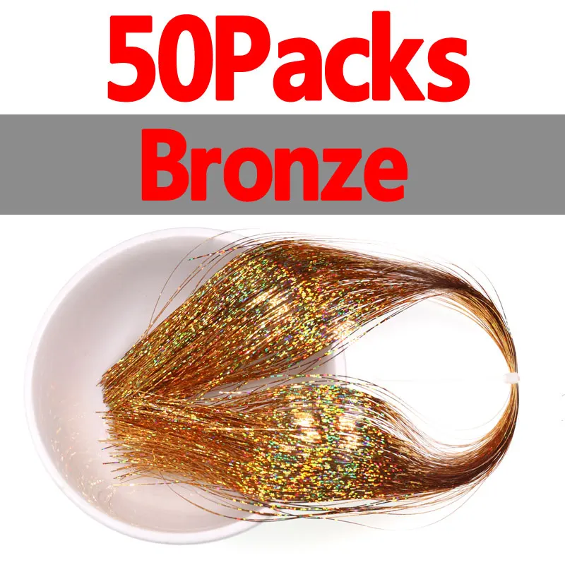 Bronze 50Packs Bimoo 50 упаковок Flashabou Голографическая мишура флэш-Минни Щука морской Радужная Стример Летать завязывания Материал 0,35 мм цвет серебристый, золотой - Цвет: Bronze 50Packs