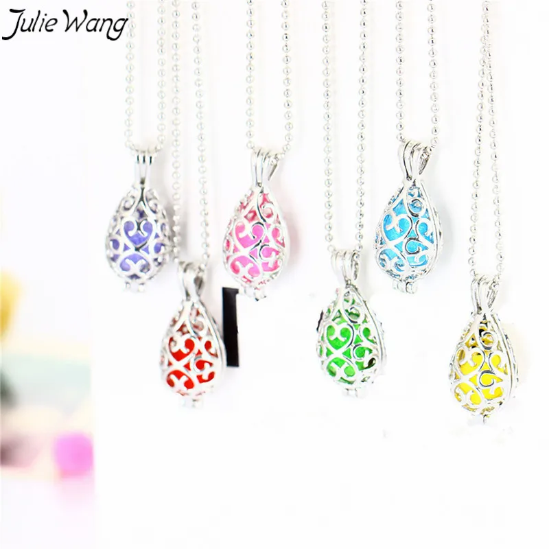 

Julie Wang 1PC Brass Pendant Pearl Bead Cage Locket Necklace Metal Link Chain Essential Oil Diffuser Jewelry Free Ball Lave Rock