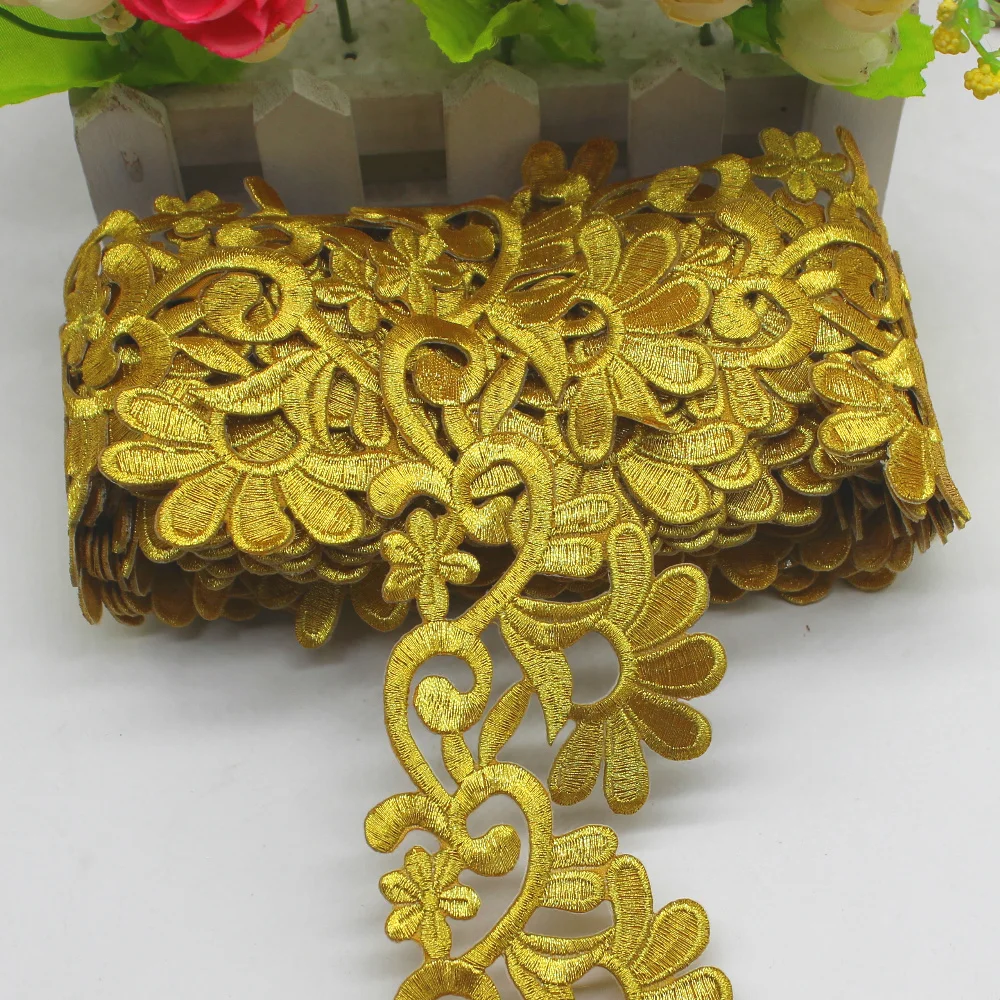 YACKALASI 3 ярда/Лот Золотой карнавальный костюм плетеная вышитая кружевная винтажная аппликация с железом на золоте и серебряном металлическом кружеве 6 см