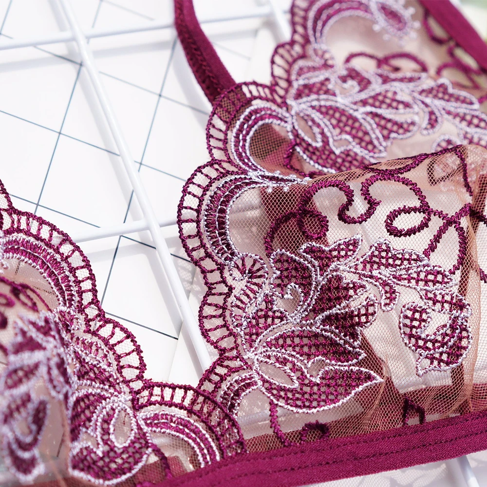 Women's Bra Set with Deep V-Gathering, Non-Steel Bracket, Thin Lace Embroidery Patterns image 4