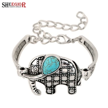 

SHEEGIOR Vintage Blue Stone Bracelets Women Love Silver color Cute Hand Tortoise Owl Elephant Cuff Bracelet Men Fashion Jewelry