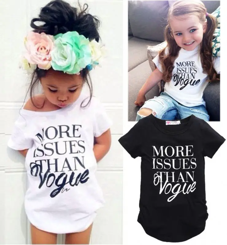 

2016 Children Kids Girls Tops Clothing Outfits Summer Letter Print Short Sleeve Tops Casual White Black T-shirt Clothes 2-7Y