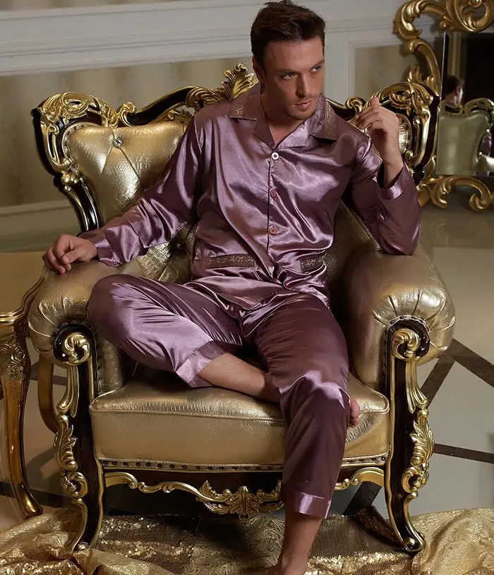 Spring autumn men's high-end silk pajamas leisure and enlarged version of simulated silk long sleeved home clothes suit
