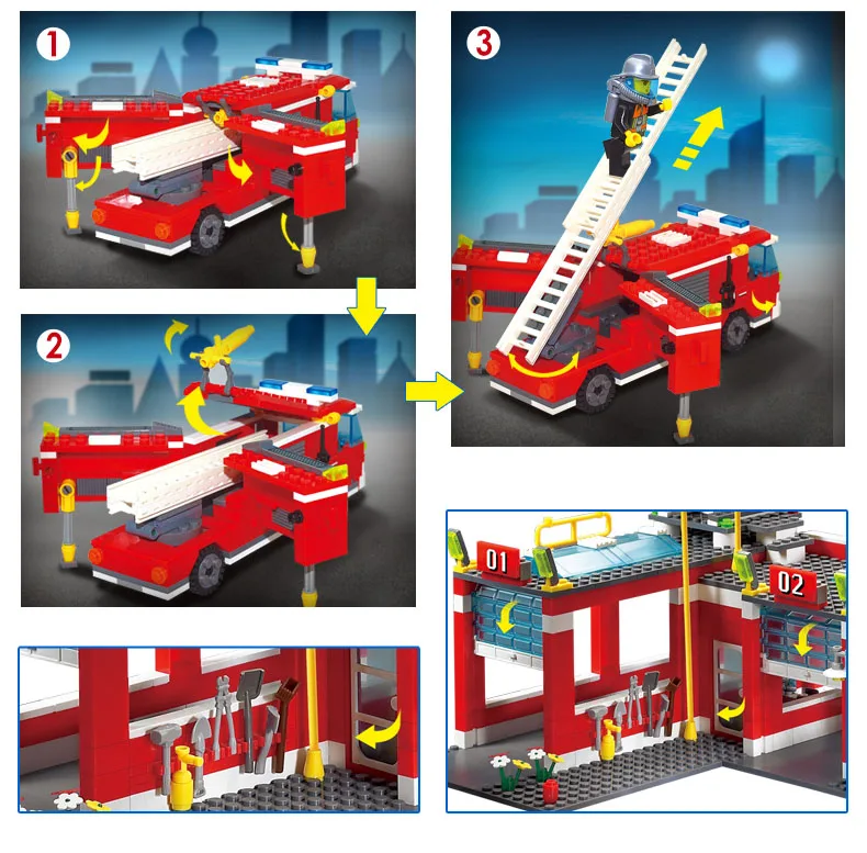 Горячая новинка городская полицейская пожарная станция грузовик водяной пистолет пожарный автомобиль строительные блоки наборы Кирпичи