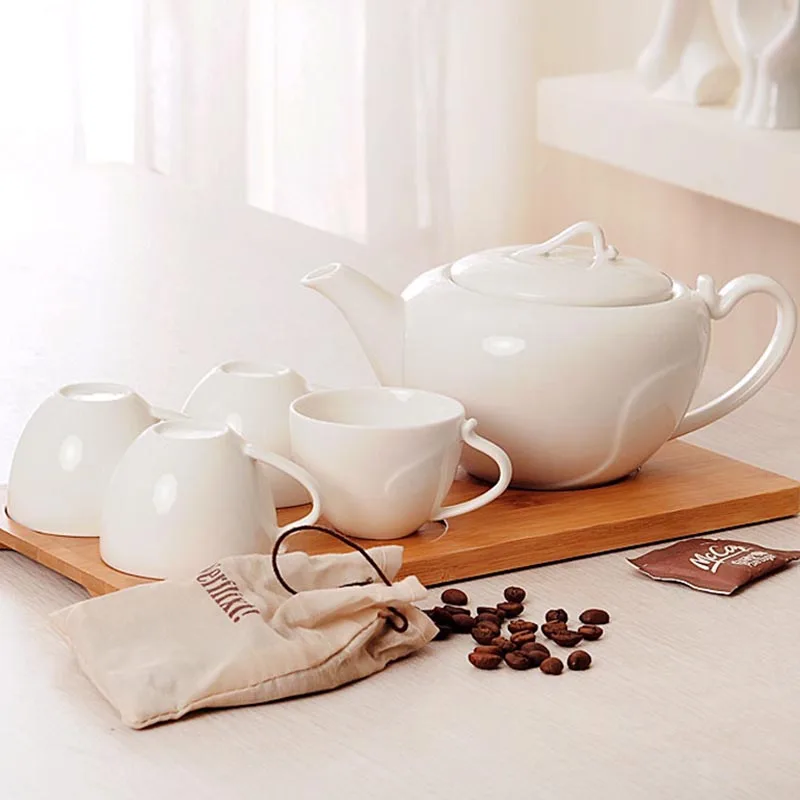  Modern Tea Set White Ceramic Porcelain Coffee Milk Mug Pot 700ml Water Kettle 100ml Cups Drinkware  - 33034731345